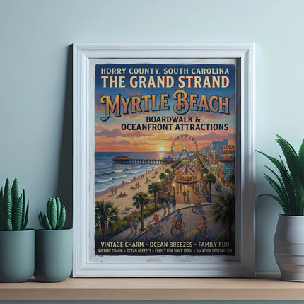 Myrtle Beach The Grand Strand vintage travel poster with boardwalk, beach, and attractions.