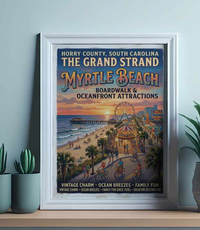 Myrtle Beach The Grand Strand vintage travel poster with boardwalk, beach, and attractions.