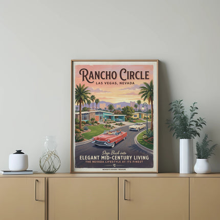 Rancho Circle Las Vegas Nevada print with mid-century homes, cars, and palm trees.