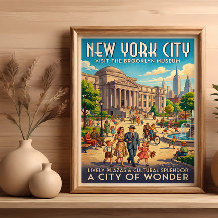 New York City Brooklyn Museum poster with families in a park.
