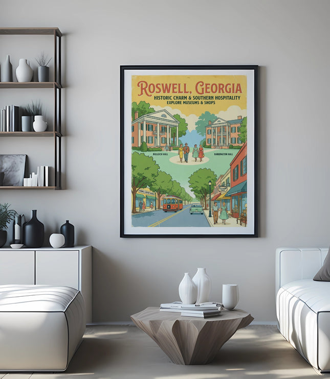 Poster of Roswell, Georgia featuring historic buildings, shops, and trolley.