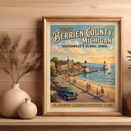 Vintage travel poster for Berrien County, Michigan, featuring a lakeside scene.