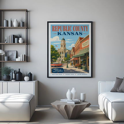 Poster for Republic County, Kansas, featuring Belleville with vintage buildings and cars.
