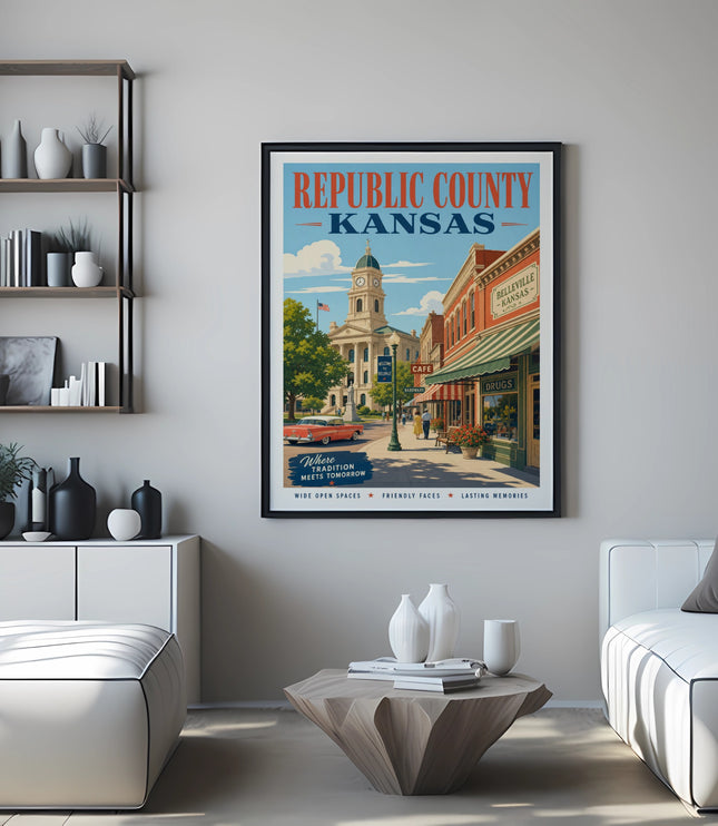 Poster for Republic County, Kansas, featuring Belleville with vintage buildings and cars.