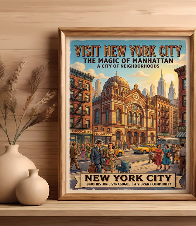 Vintage New York City travel poster depicting a bustling street scene with a synagogue.