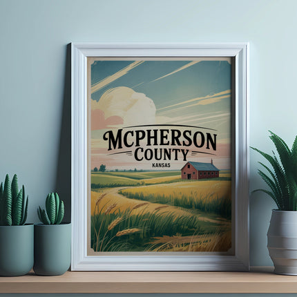 McPherson County Kansas vintage travel poster with farm and wheat field.