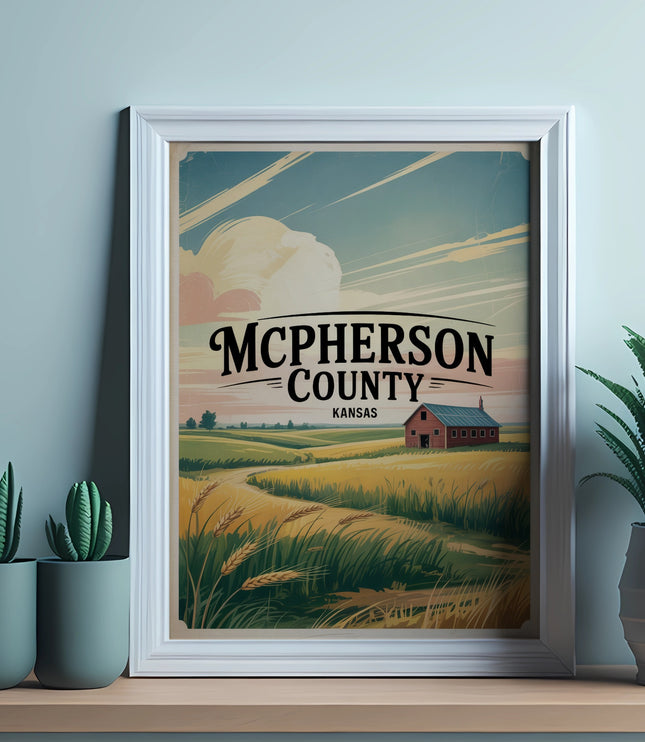 McPherson County Kansas vintage travel poster with farm and wheat field.