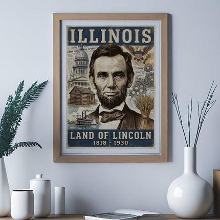 Framed vintage poster of Abraham Lincoln with "Illinois Land of Lincoln 1818-1930" text.