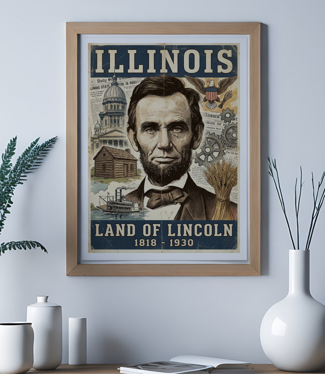 Framed vintage poster of Abraham Lincoln with "Illinois Land of Lincoln 1818-1930" text.