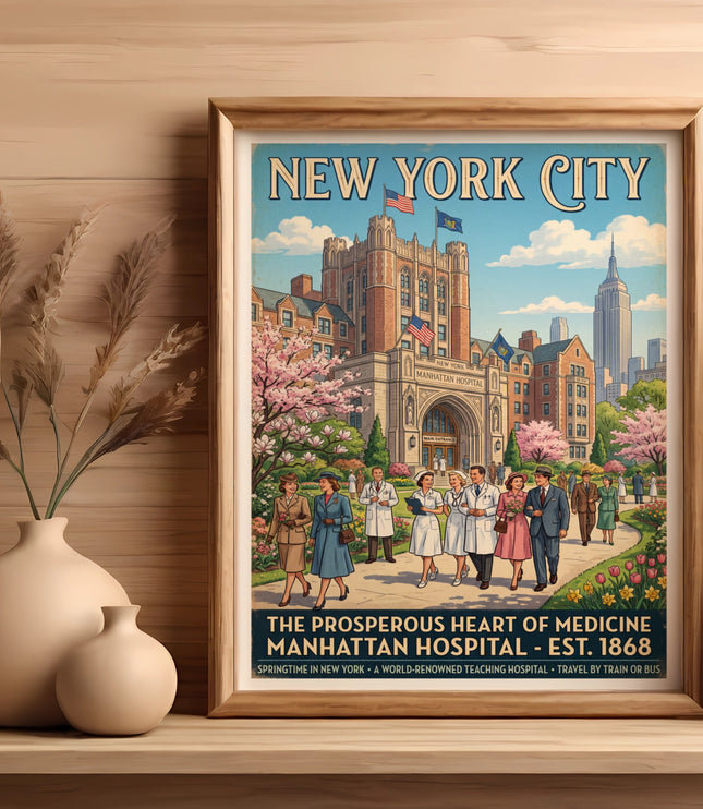 Vintage New York City poster for Manhattan Hospital, established 1868.