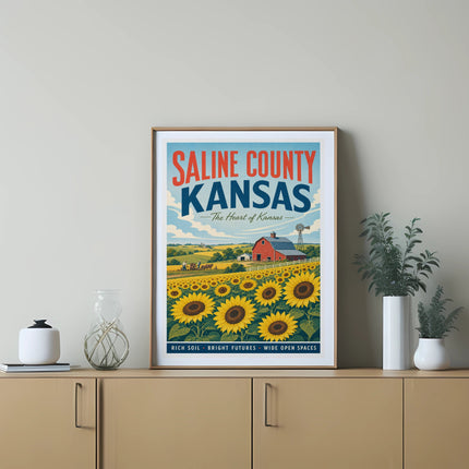 Saline County, Kansas travel poster featuring sunflowers and a red barn.