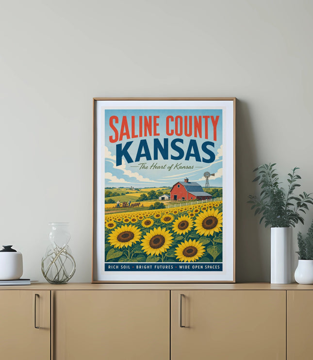 Saline County, Kansas travel poster featuring sunflowers and a red barn.
