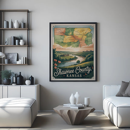 Map of Shawnee County, Kansas with roads and rivers, framed on wall.