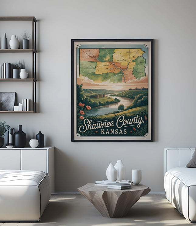 Map of Shawnee County, Kansas with roads and rivers, framed on wall.