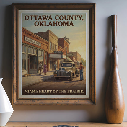 Vintage poster of Ottawa County, Oklahoma, depicting a street scene with a Ford truck.