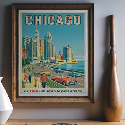 Vintage Chicago TWA travel poster with city skyline, cars, and people.