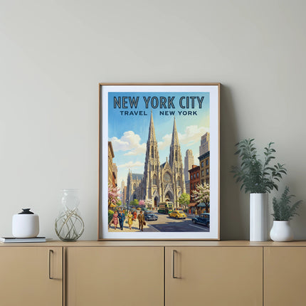 New York City travel poster featuring St. Patrick's Cathedral and street scene.