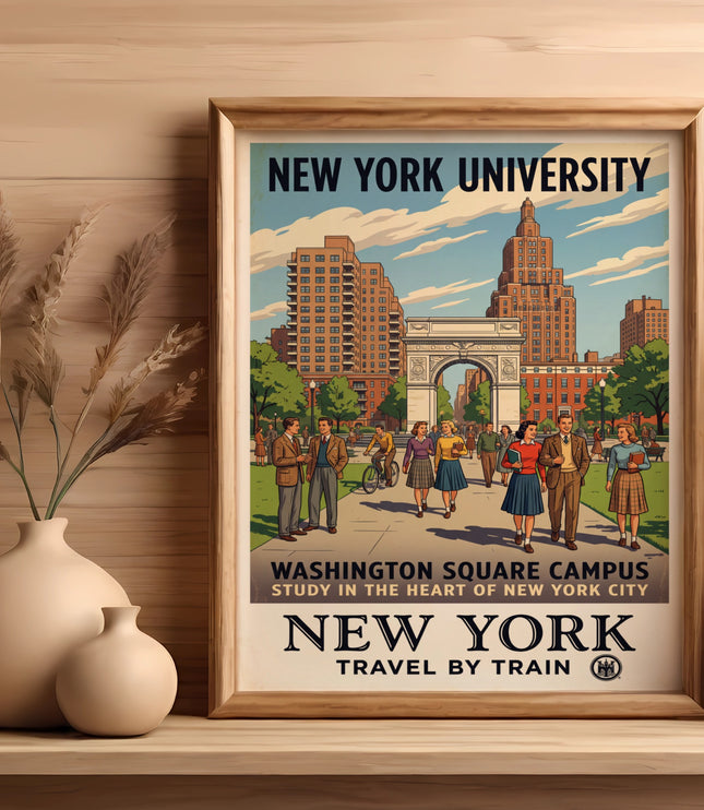Vintage travel poster depicting New York University's Washington Square Campus.