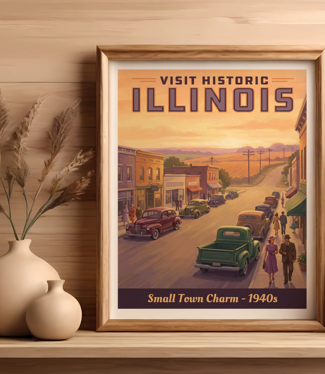Vintage poster of a small Illinois town in the 1940s with cars and people.