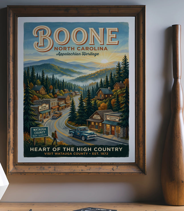 Boone North Carolina Appalachian Heritage poster with mountain town scene.
