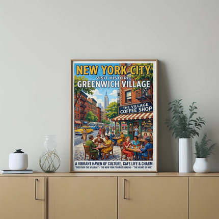 New York City Greenwich Village vintage travel poster with text.