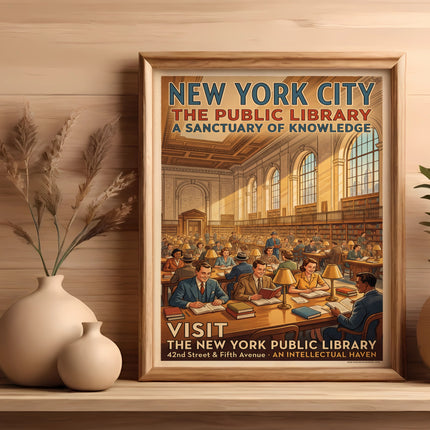 New York City Public Library vintage poster in ornate frame.