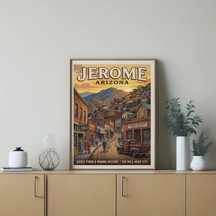 Jerome, Arizona vintage travel poster depicting Main Street and mountain scenery.