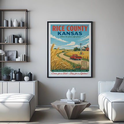 Rice County, Kansas poster with wheat fields and red truck.