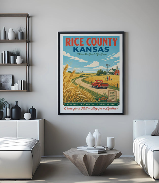 Rice County, Kansas poster with wheat fields and red truck.