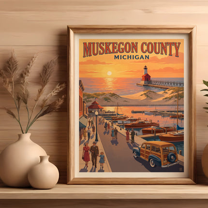 Muskegon County Michigan lighthouse and harbor scene with vintage car and people.
