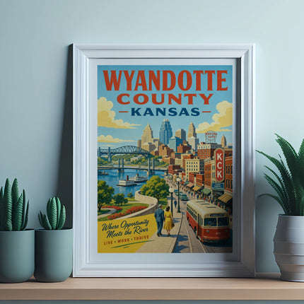 Wyandotte County, Kansas poster featuring a cityscape, river, and text.