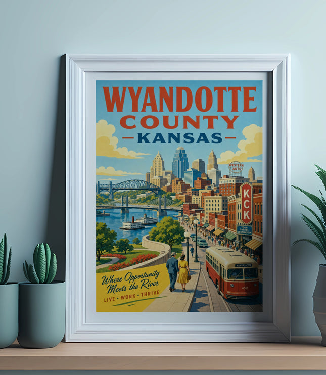 Wyandotte County, Kansas poster featuring a cityscape, river, and text.