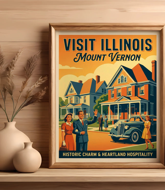 Vintage poster for Mount Vernon, Illinois, with a couple and a car.