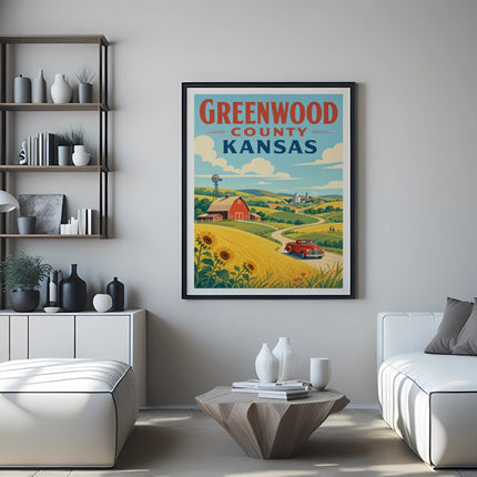 Greenwood County Kansas travel poster with barn, sunflowers, and red car.