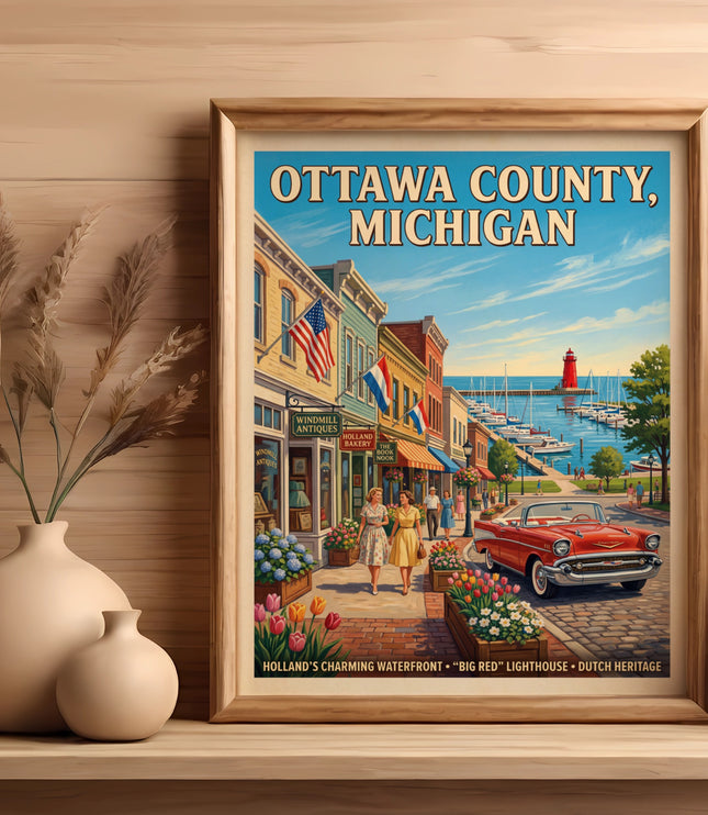 Ottawa County, Michigan art depicts Holland waterfront, red car, lighthouse, and Dutch heritage.