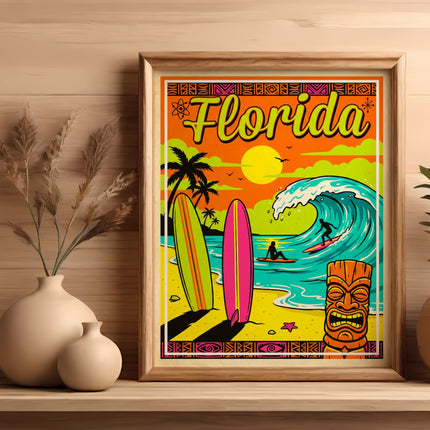 Florida surf poster with tiki, waves, palm trees, and surfboards.