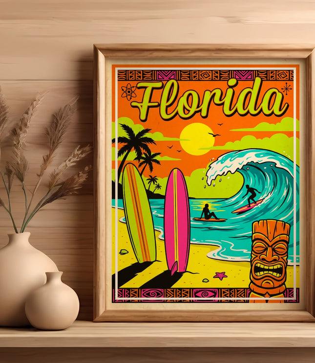 Florida surf poster with tiki, waves, palm trees, and surfboards.