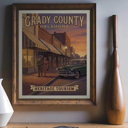 Retro poster of Grady County, Oklahoma, with couples and a classic car.