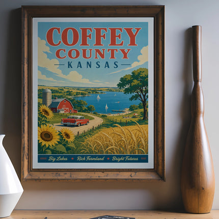 Vintage Coffey County, Kansas travel poster with red car and sunflowers.