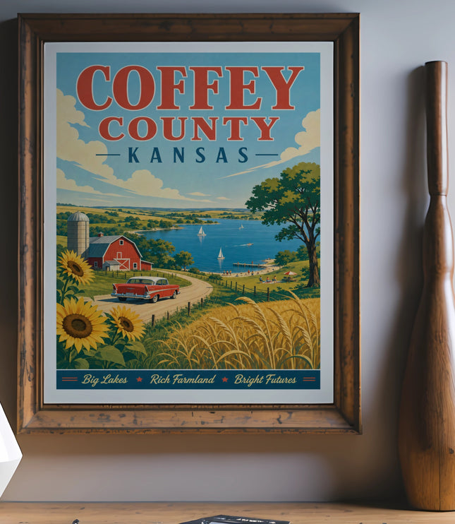 Vintage Coffey County, Kansas travel poster with red car and sunflowers.