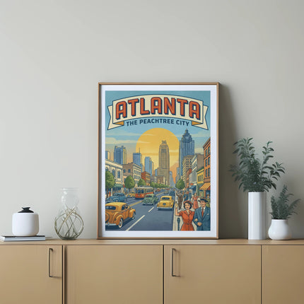 Retro illustration of Peachtree Street in Atlanta with vintage cars and buildings.