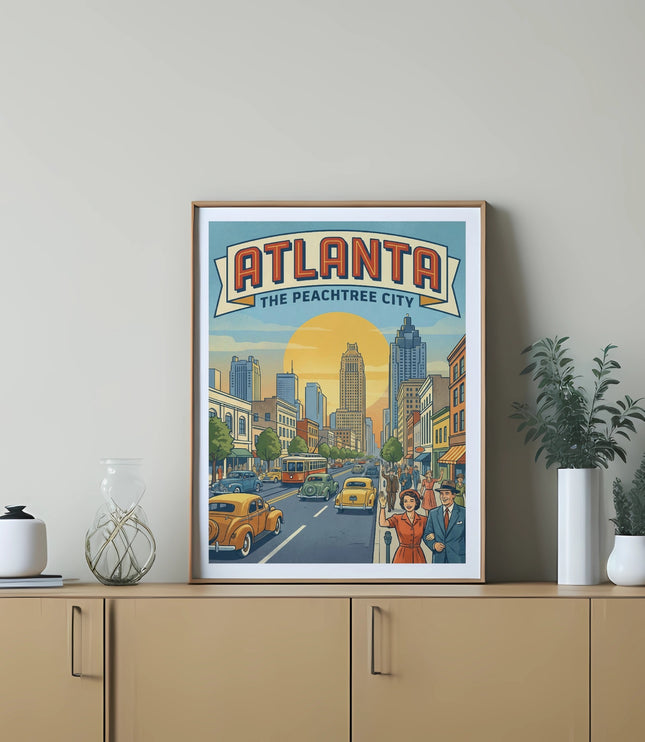 Retro illustration of Peachtree Street in Atlanta with vintage cars and buildings.