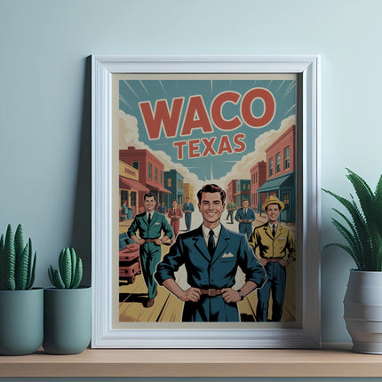 Framed poster with "Waco Texas" text and three men in vintage suits.