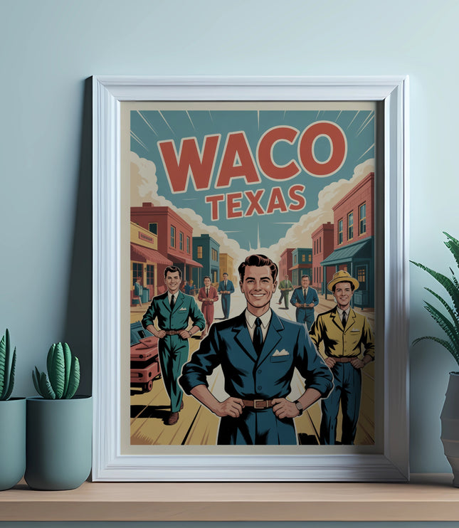 Framed poster with "Waco Texas" text and three men in vintage suits.