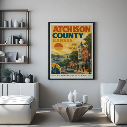 Atchison County, Kansas travel poster with historic river town and scenic beauty.
