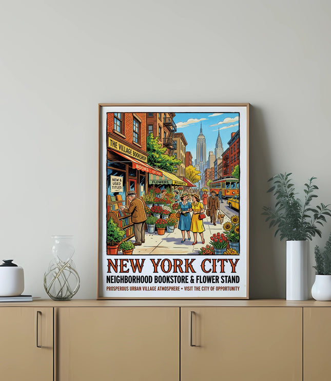 New York City street scene with a bookstore and flower stand, featuring Empire State Building.
