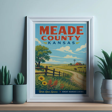 Meade County Kansas poster with farm scene, sunflowers, and text.