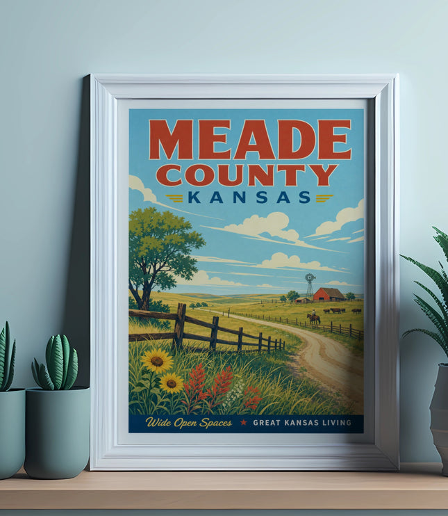 Meade County Kansas poster with farm scene, sunflowers, and text.