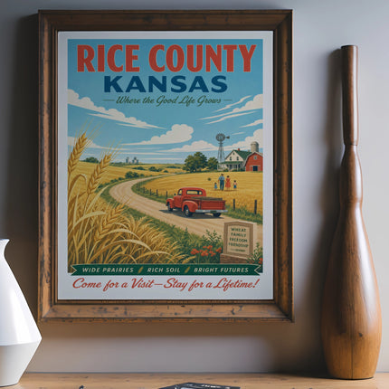 Vintage travel poster for Rice County, Kansas, with farm and wheat fields.