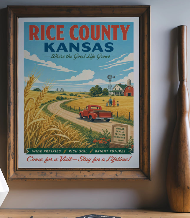 Vintage travel poster for Rice County, Kansas, with farm and wheat fields.